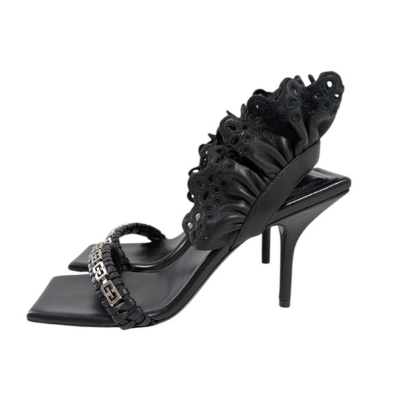 Givenchy G Black Lambskin Chain Ruffle Sandals New EU 37 Square Toe Slingback - Picture 3 of 16